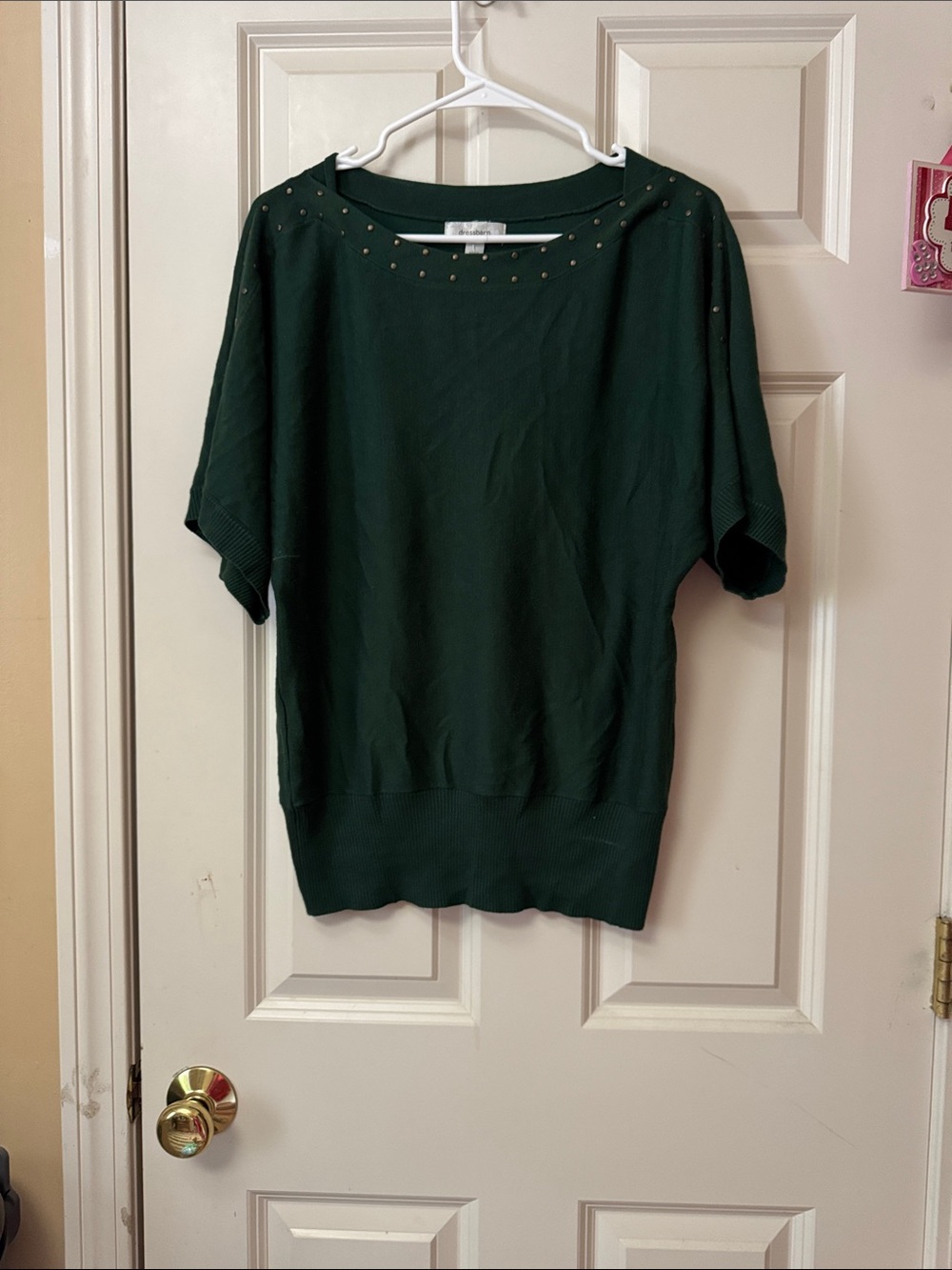 Women's Dark Green Short Sleeve Sweater Top - Stud Detail